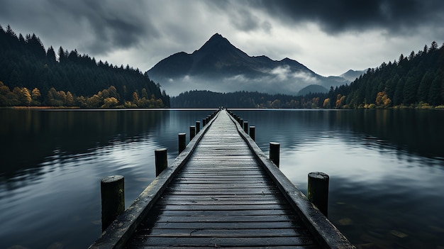 Photo jetée du lac avec fond de montagne