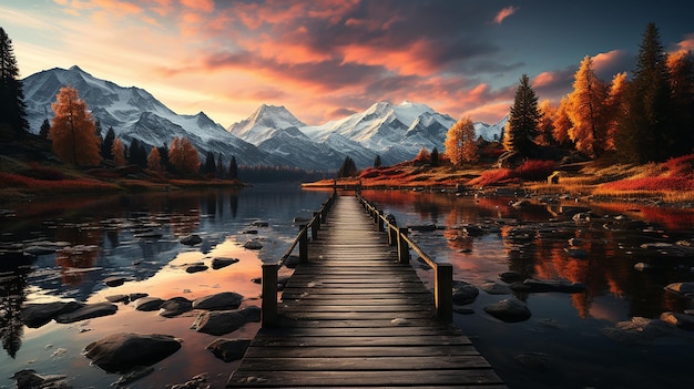 Photo jetée du lac avec des montagnes en arrière-plan