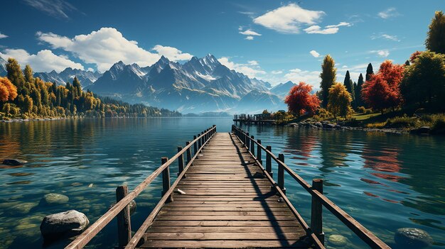 Photo jetée du lac avec des montagnes en arrière-plan