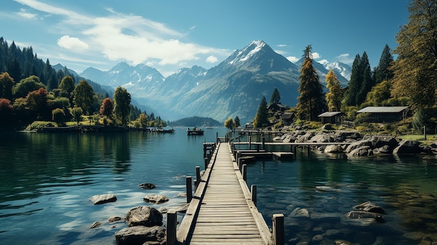 Jetée du lac avec toile de fond de montagne