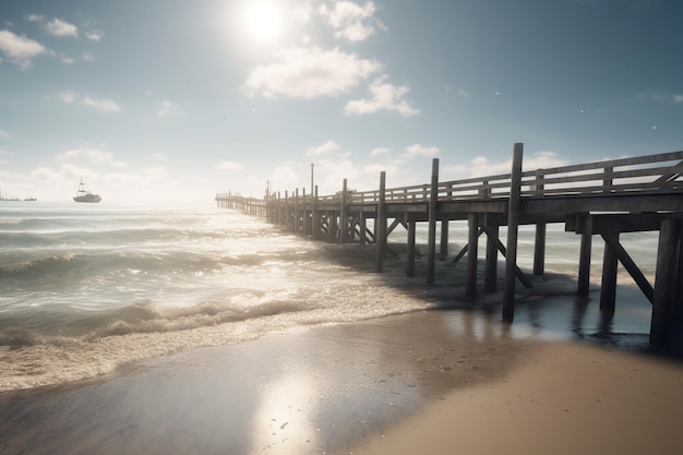 Une jetée sur la plage au coucher du soleil