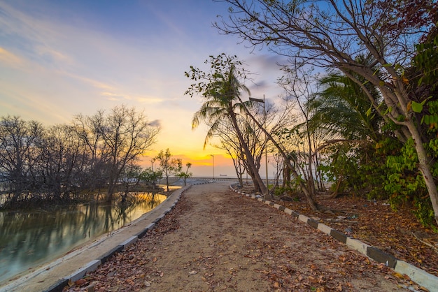 la jetée sur la plage de l'île de Putri île de Batam à un beau coucher de soleil