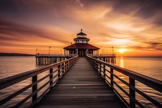 Jetée romantique en bord de mer et phare avec un beau ciel au coucher du soleil