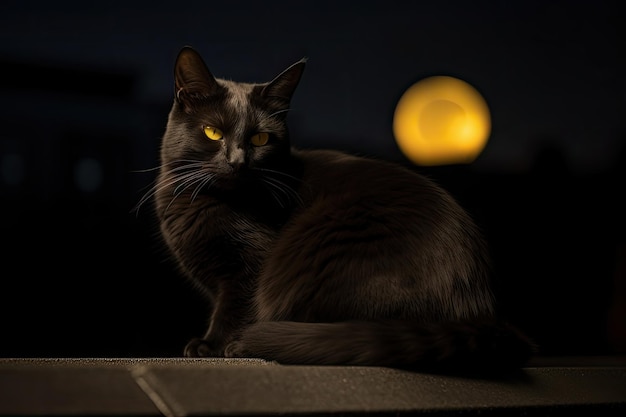 Jeter un coup d'œil dans la nuit Le chat noir sous la lune IA générative