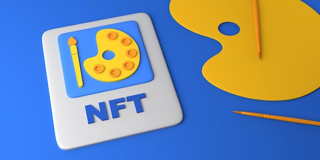 Jeton non fongible d'art numérique NFT avec palette et pinceau de peintre sur la blockchain