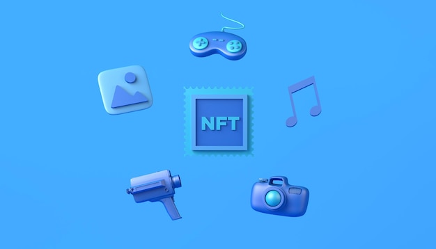 Jeton non fongible NFT entouré d'images vidéos musique et jeux Crypto art