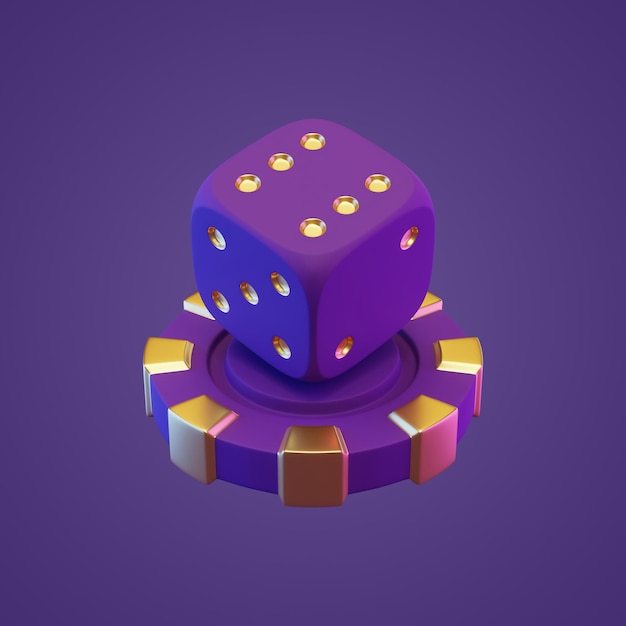 Jeton de poker et dés sur fond violet illustration de rendu 3D