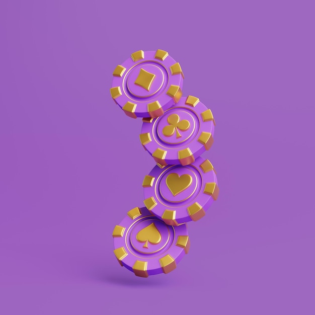 Les jetons de casino et les as sont des symboles de cartes sur un fond violet Poker blackjack baccarat concept de jeu 3D