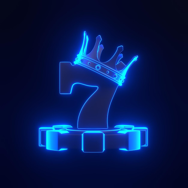 Les jetons de casino couronne et chanceux sept symboles avec des lumières bleues néon futuristes sur un fond noir 3D