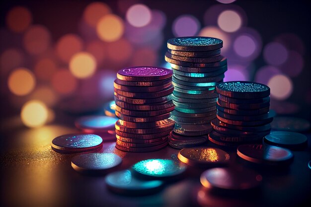 Jetons de casino sur la table bokeh coloré backgroundgenerative ai