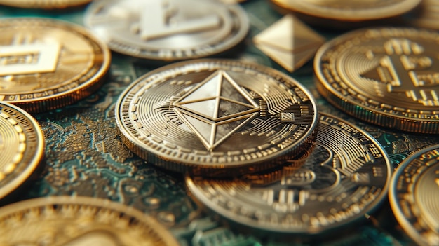 Photo les jetons de crypto-monnaie ethereums logo en diamant proéminent les pièces environnantes divers symboles circuit