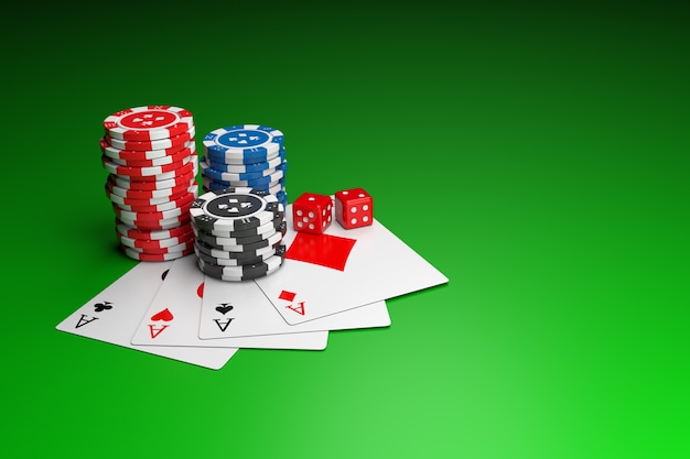 Jetons de poker, cartes à jouer et dés de casino sur la table.