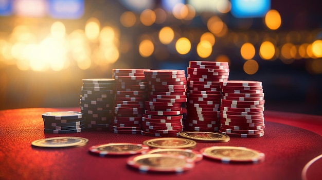 jetons de poker et pièces de monnaie dans le casino