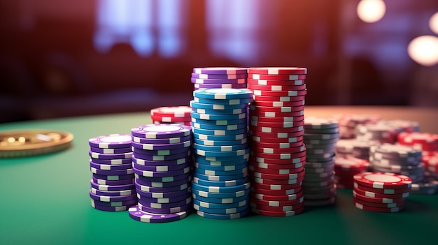 Des jetons de poker sur une table de jeu avec un éclairage spectaculaire