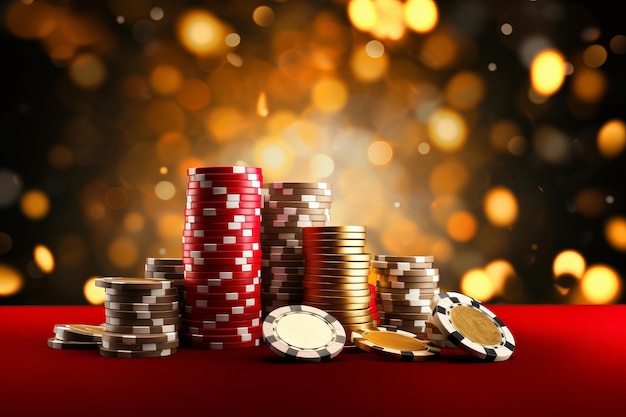 Des jetons de poker sur une table de jeu rouge avec un éclairage doré spectaculaire IA générative