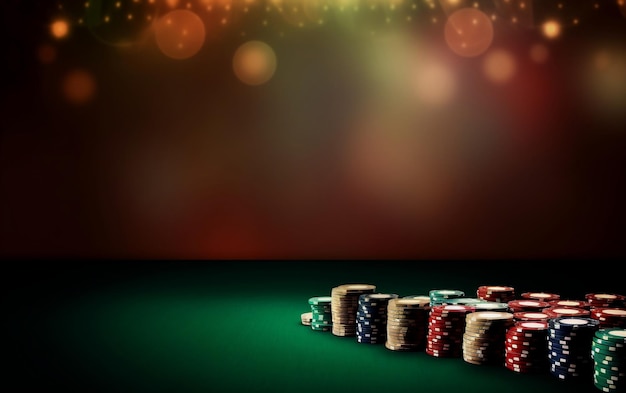 Jetons de poker sur une table verte avec un arrière-plan flou