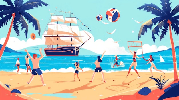 Un jeu animé de volley-ball de plage entre marins avec le navire ancré en arrière-plan et le