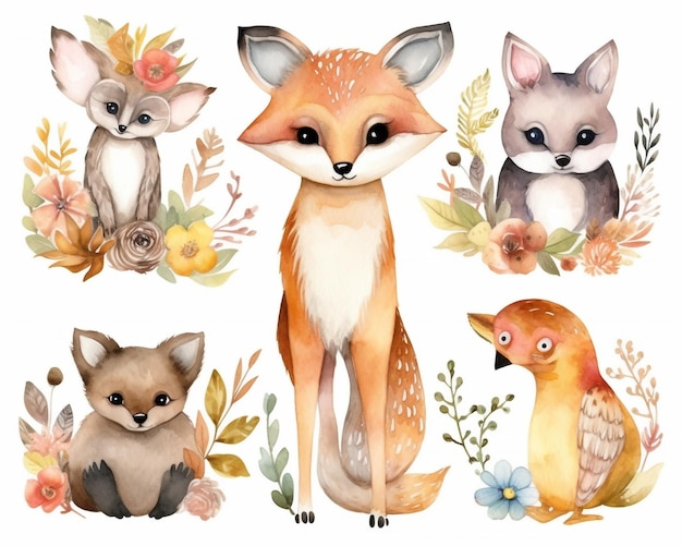 jeu d'aquarelle de dessins animés de forêt isolé bébé renard mignon