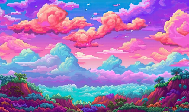 Jeu d'art en pixels 3D ouvrant un nuage, une mer, une montagne, un coucher de soleil, un fond aux couleurs vives et colorées.