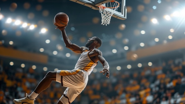 jeu de basket-ball mémorable gagnant a tiré le joueur en l'air la balle arc parfaitement vers le cerceau AI génératif