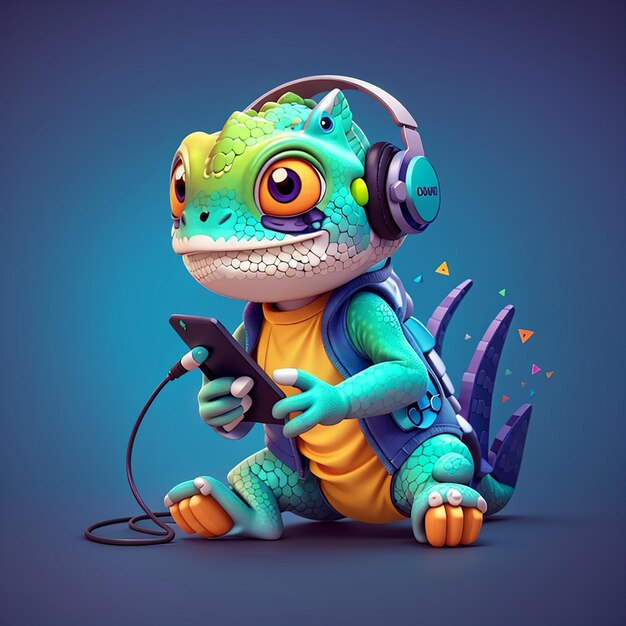 Jeu de caméléon mignon avec contrôleur et écouteur illustration d'icône vectorielle de dessin animé animal techno