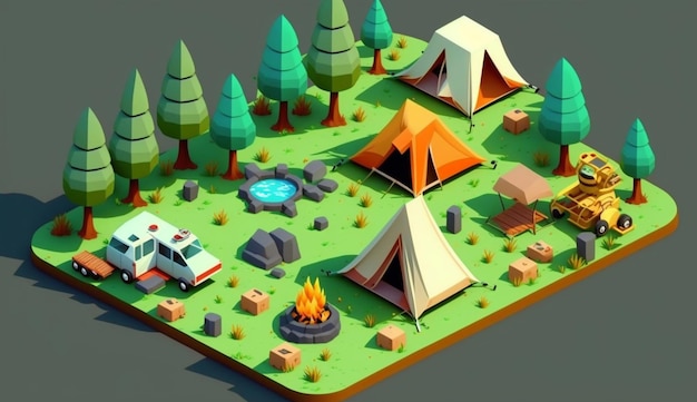 Un jeu de camping low poly avec un feu de camp et un feu de camp.