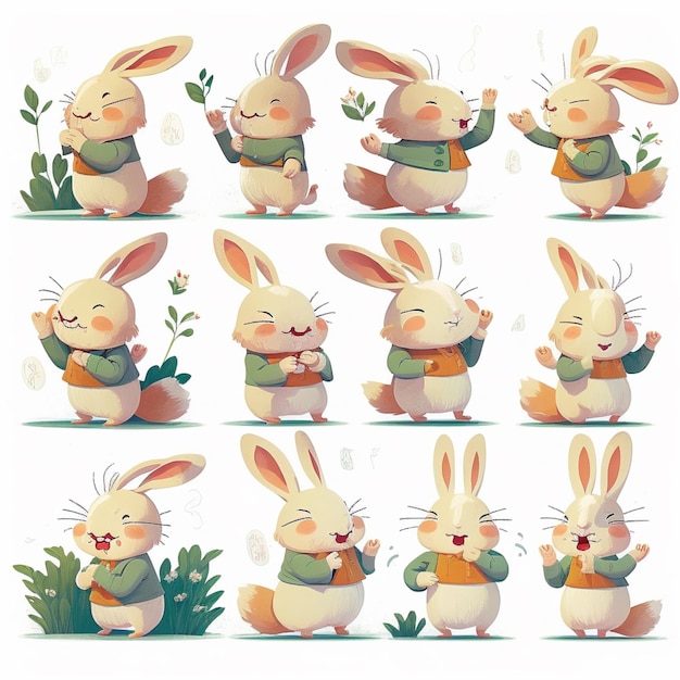 Jeu de caractères de lapin de dessin animé avec diverses poses d'un ai génératif de lapin