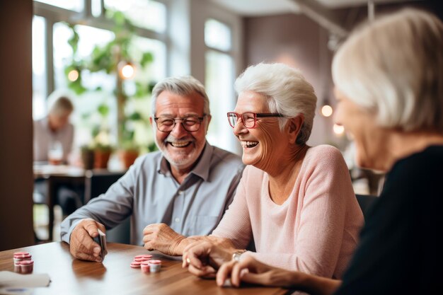 Un jeu de cartes amical dans leur maison de retraite où le rire et la camaraderie abondent