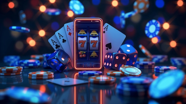un jeu de cartes avec un fond rouge avec une carte rouge et des jetons de poker