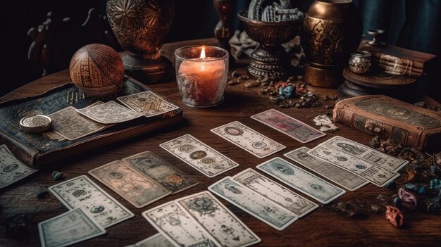 Un jeu de cartes de tarot sur une table mystique.