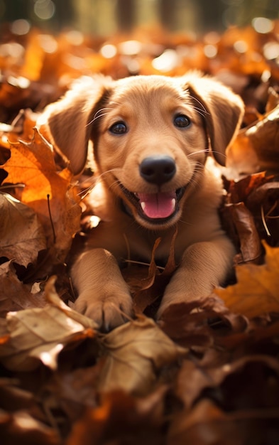 Le jeu des chiots dans les feuilles d'automne