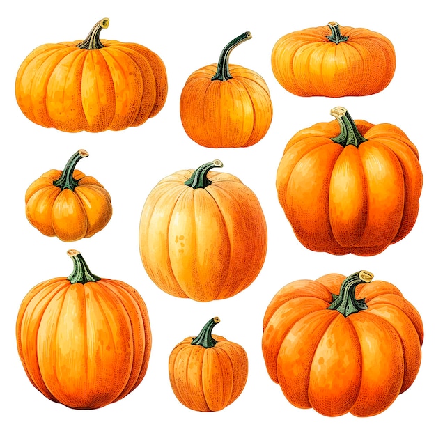 jeu de citrouilles de dessin à l'aquarelle vacances d'automne récolte d'action de grâce citrouilles orange vintage