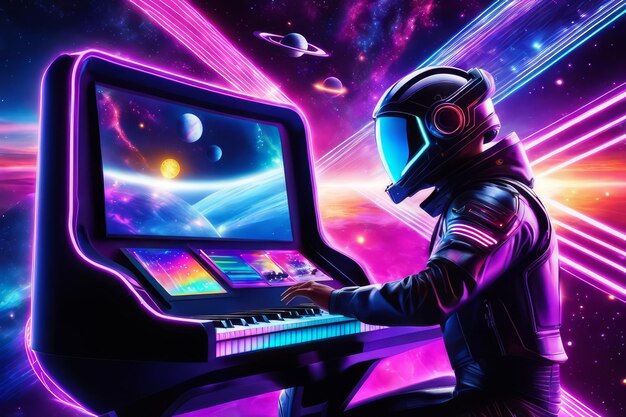 Photo jeu de cyborg dans des illustrations de musique de synthétiseur créées avec un logiciel d'ia générative