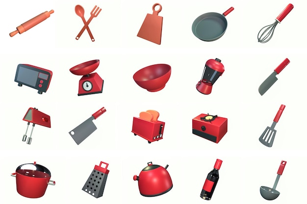 jeu de dessins animés d'outils de cuisine sur un fond blanc rendu 3D