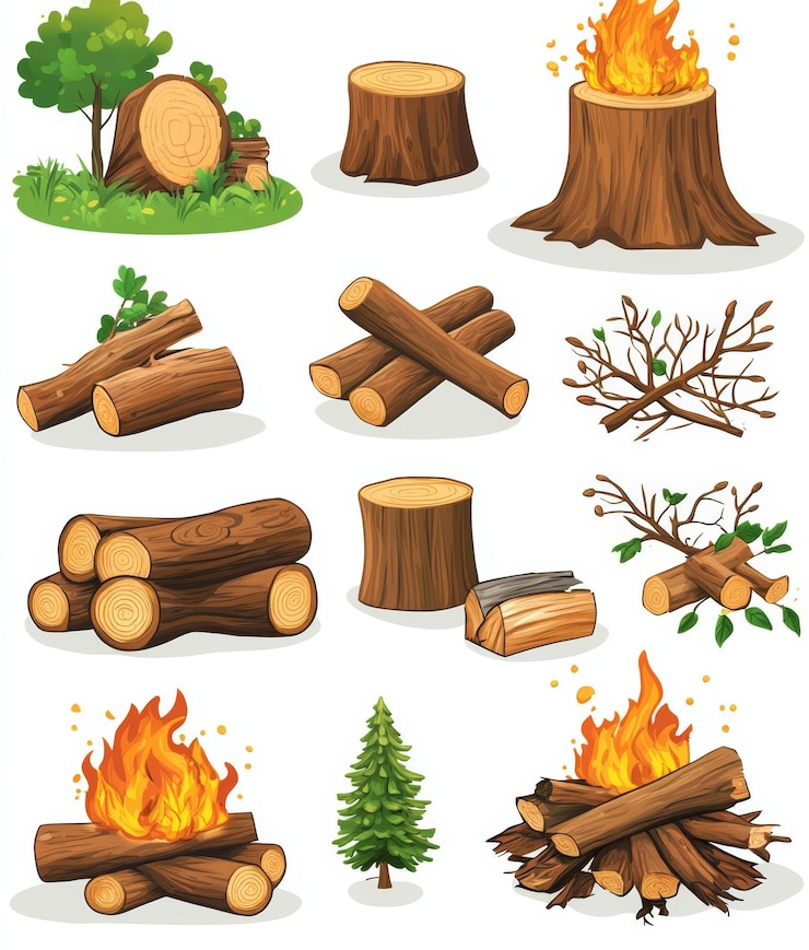 Photo un jeu de dessins animés de pile de bois de chauffage mettant en vedette des branches, des bûches et des branches d'arbres de bois durs de forêt brûlant des faisceaux et des troncs de bûches