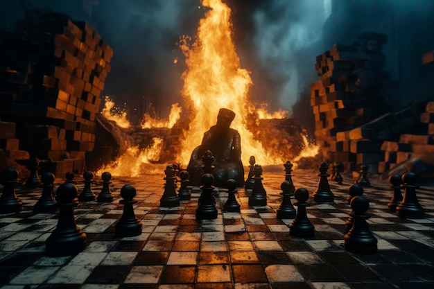 Un jeu d'échecs apocalyptique avec des flammes intenses.