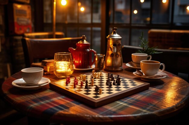 Un jeu d'échecs installé sur une table dans un restaurant