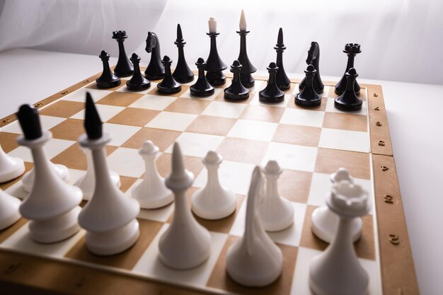 Jeu d'échecs de société avec des pièces d'échecs devant un fond blanc.