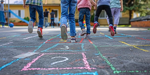 Un jeu de hopscotch sur un terrain de jeu avec des marques de craie symbolisant l'innocence et le plaisir de l'enfance pendant les pauses ou après l'école