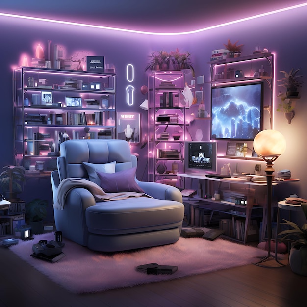 Jeu mobile chambre unisexe avec technologie étagère de téléphones et tendance arrière-plan décoratif de la pièce