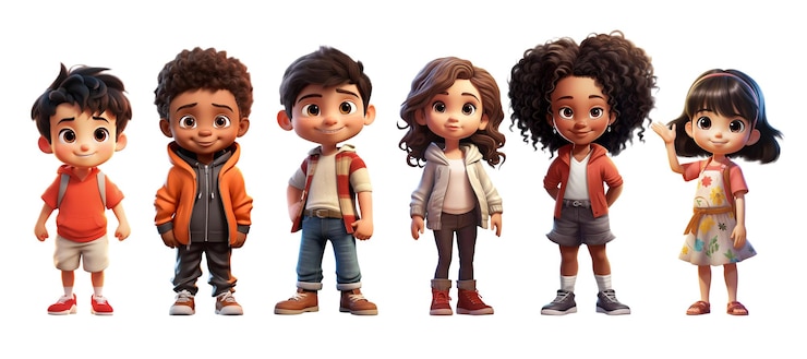 Photo jeu de personnages réalistes d'enfants heureux de dessin animé mignon
