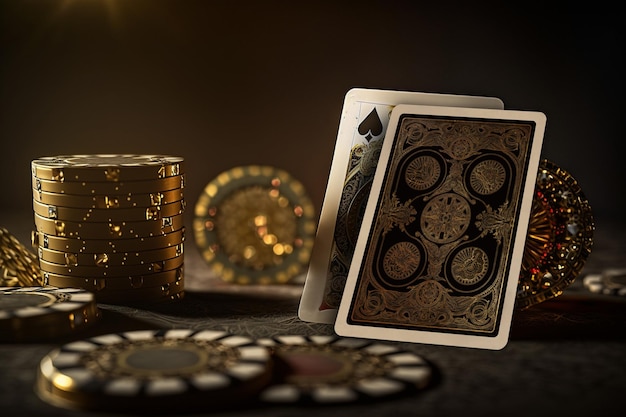 Un jeu de poker avec un jeu de cartes or et noir sur la table.