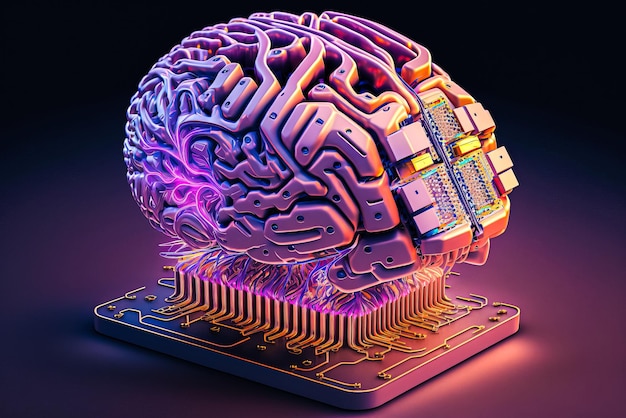 Jeu de puces Ai avec cerveau humain sur la carte de circuit imprimé de l'ordinateur Intelligence artificielle Exploration de données et technologie informatique moderne d'apprentissage en profondeur Concept CPU Ai