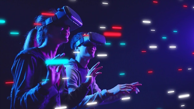 Jeu de réalité virtuelle Metaverse VR jouant à l'homme et à la femme jouant au contrôle de jeu de la technologie numérique virtuelle Metaverse avec des lunettes VR