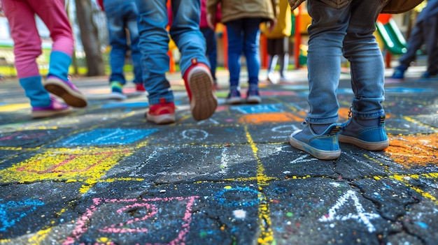 Un jeu de saut et de comptage sur le trottoir représentant l'enfance et le plaisir pendant les pauses scolaires ou après les cours