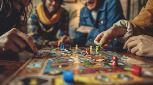 Photo un jeu de société étendu sur une table à café avec des amis rassemblés autour de la stratégie et de rire comme