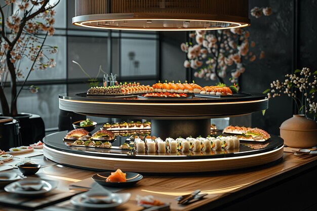 Un jeu de sushis haut de gamme d'un restaurant de sushis rotatif