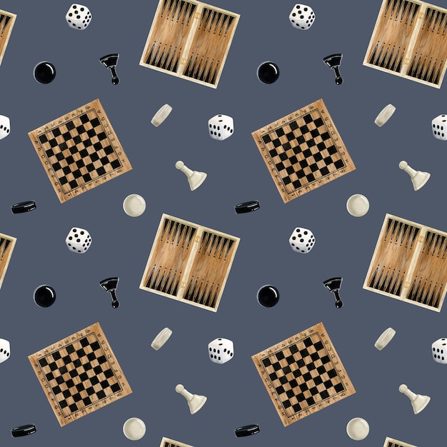 Jeu de table bleu foncé, échecs, backgammon, dames avec dés de jeu, aquarelle, motif sans couture.