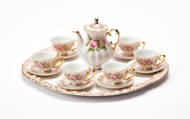 Un jeu de thé miniature avec des tasses et des soucoupes isolées