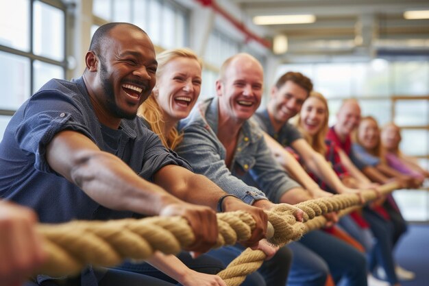 Photo jeu de tir à la corde joué par un groupe diversifié de personnes